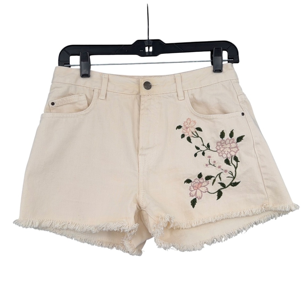 Embroidered Cream Floral Denim Shorts